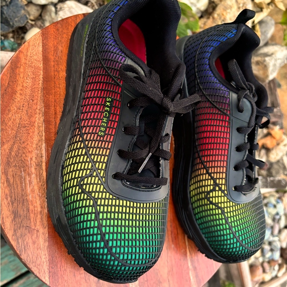 Skechers size 8.5 Black Sneakers With Rainbow coloring & mesh over top.